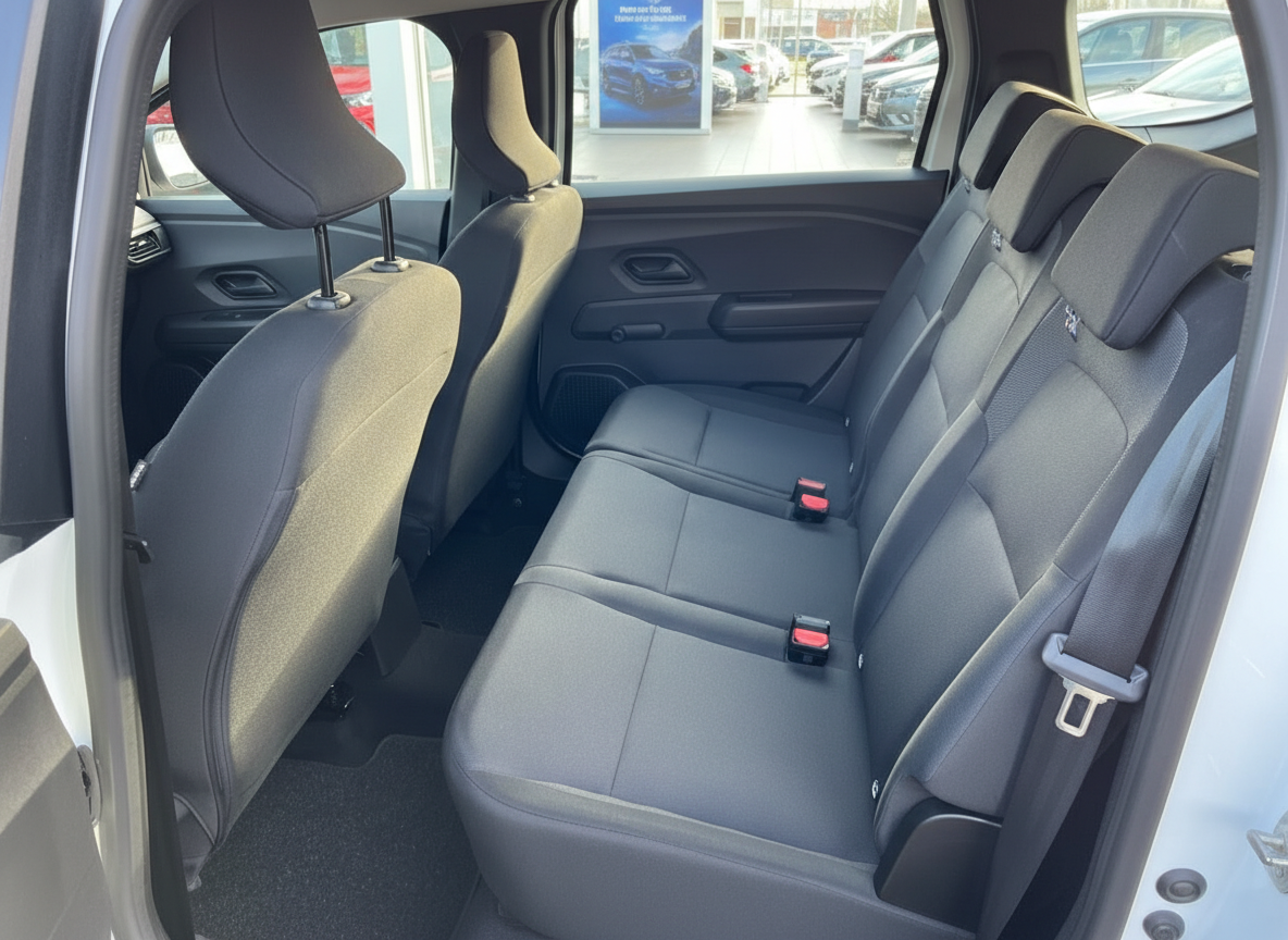 Geräumiger Fond-Innenraum mit dunkelgrauen Stoffsitzen und Sicherheitsgurten im Fahrzeug