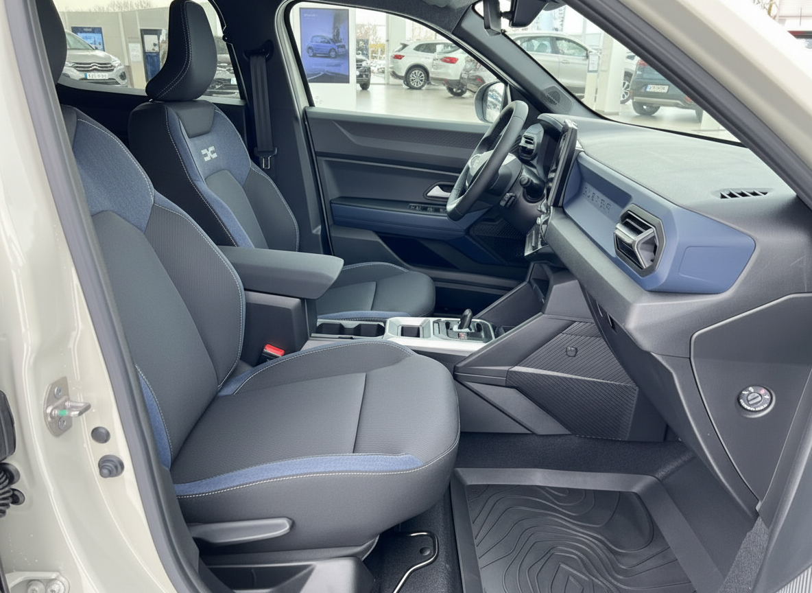 Citroën Innenraum mit schwarzen Stoffsitzen und blauem Akzentdekor, Mittelkonsole und Armaturenbrett