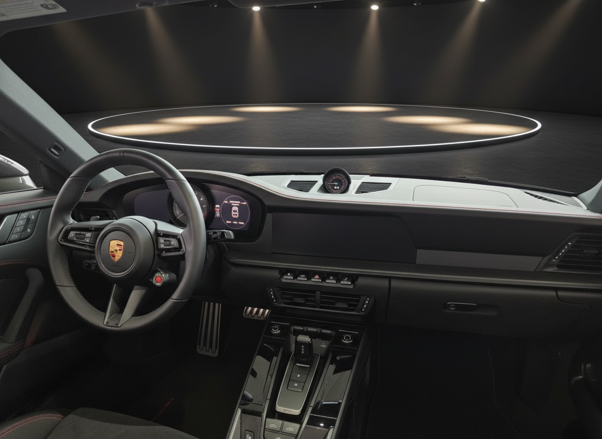 Porsche 911 Innenraum mit Sportlenkrad, digitalem Cockpit und schwarzem Leder-Interieur