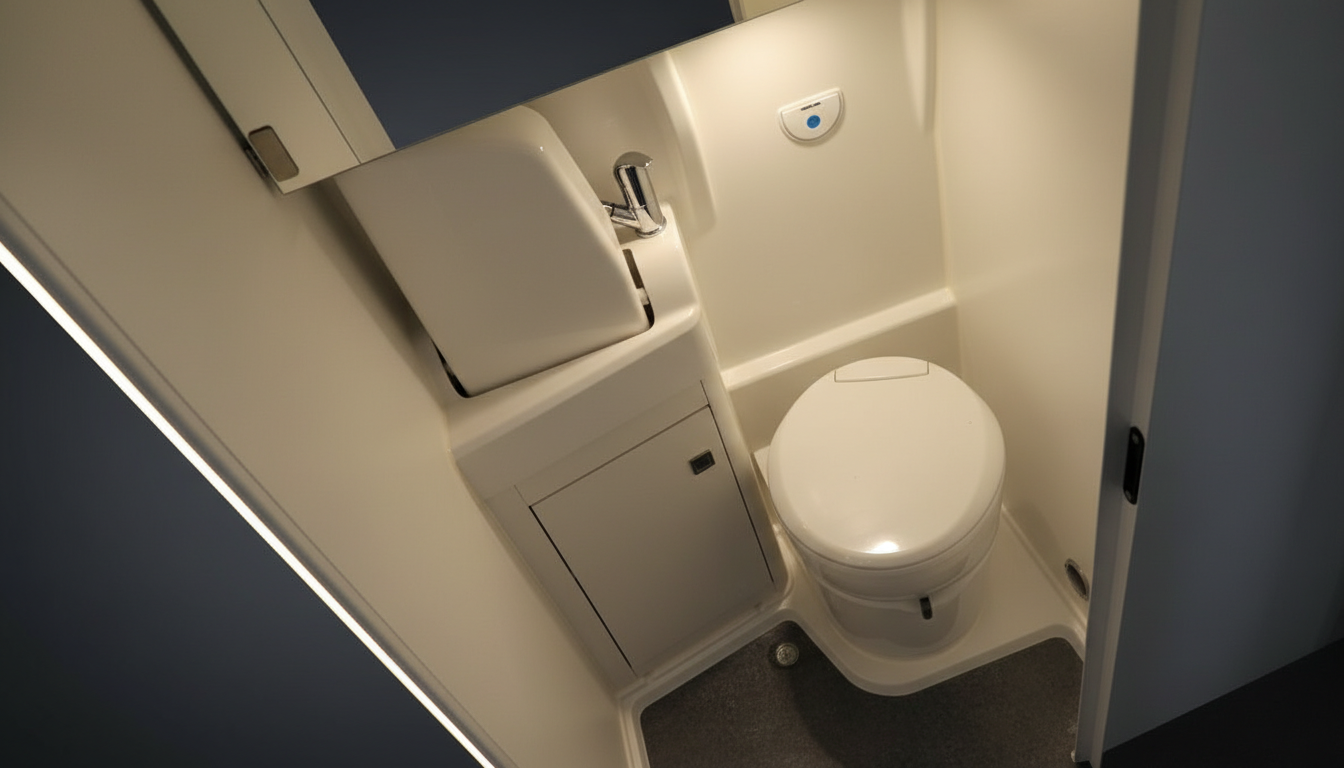 Kompaktes Fahrzeug-Badezimmer mit Toilette und Waschbecken in cremefarbenem Innenraum