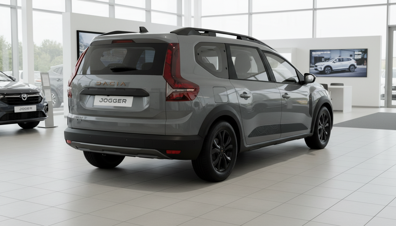 Grauer Dacia Jogger Heckansicht im Autohaus Showroom mit schwarzen Felgen
