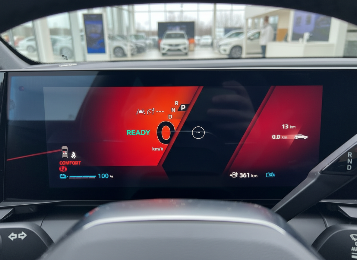 Digitales Cockpit-Display eines Elektrofahrzeugs mit 100% Batterieladung und 361 km Reichweite