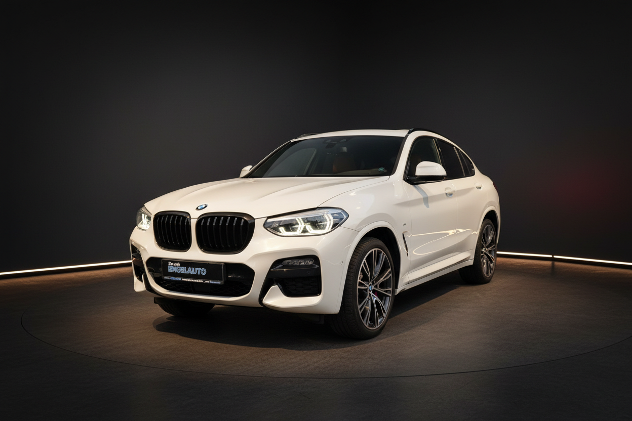 Weißer BMW X4 M-Paket SUV-Coupé in Studioaufnahme – Frontansicht