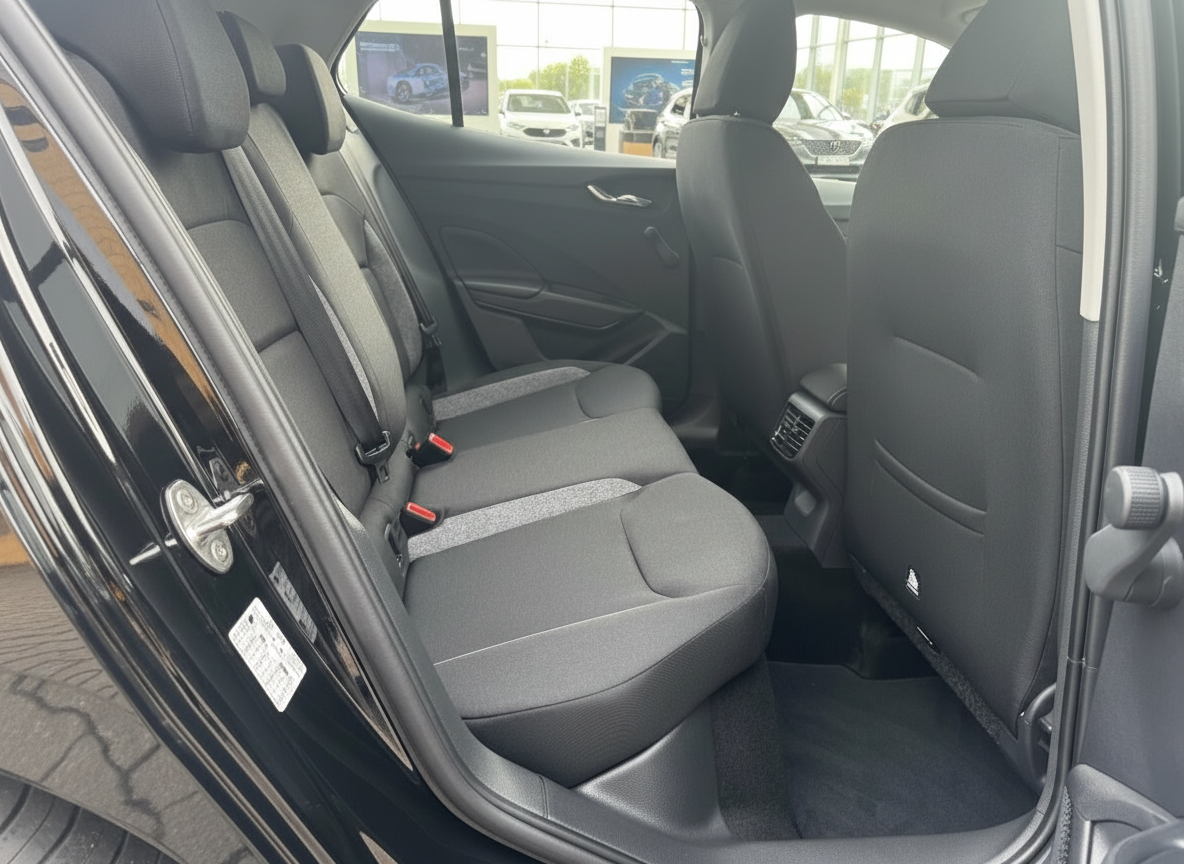 Schwarzes Fahrzeug Innenraum Rücksitzbank mit grauem Stoffbezug und Sicherheitsgurten