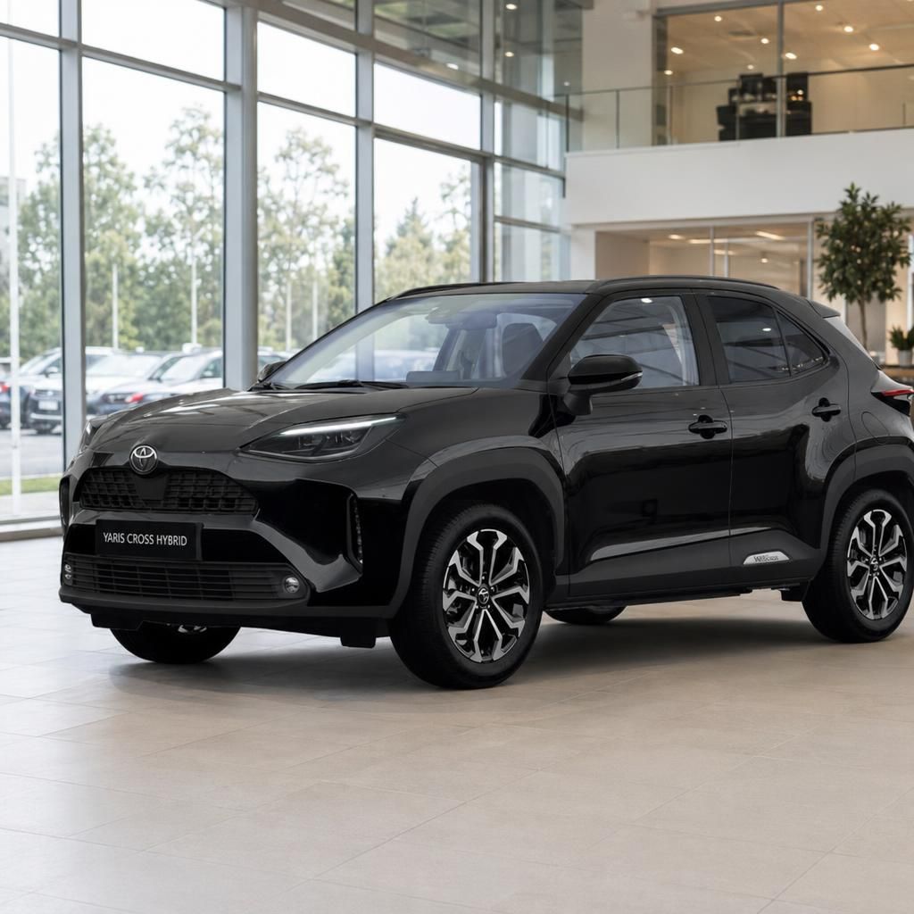 Toyota Yaris Cross Hybrid in schwarz, Dreiviertelansicht vorn im Toyota Showroom
