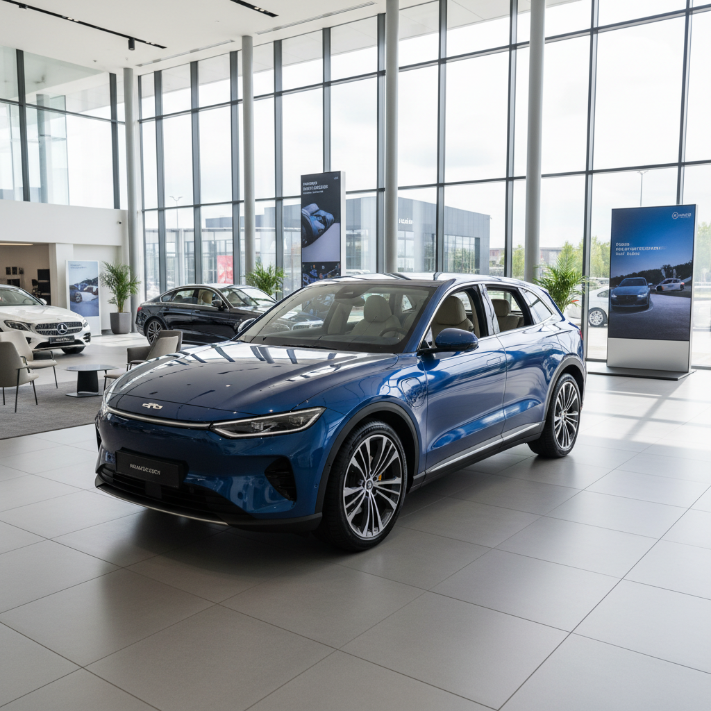 Blauer Elektro-SUV in modernem Autohaus-Showroom mit Panoramafenstern