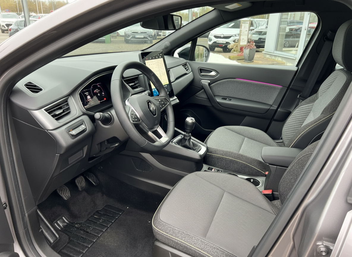 Renault Clio Innenraum mit Touchscreen, Lederlenkrad und grauen Stoffsitzen