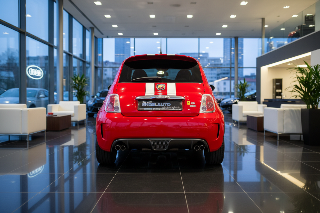 Roter Abarth 500 mit weißen Rallyestreifen von hinten im Autohaus Engelauto Showroom mit Glasfassade und modernem Interieur