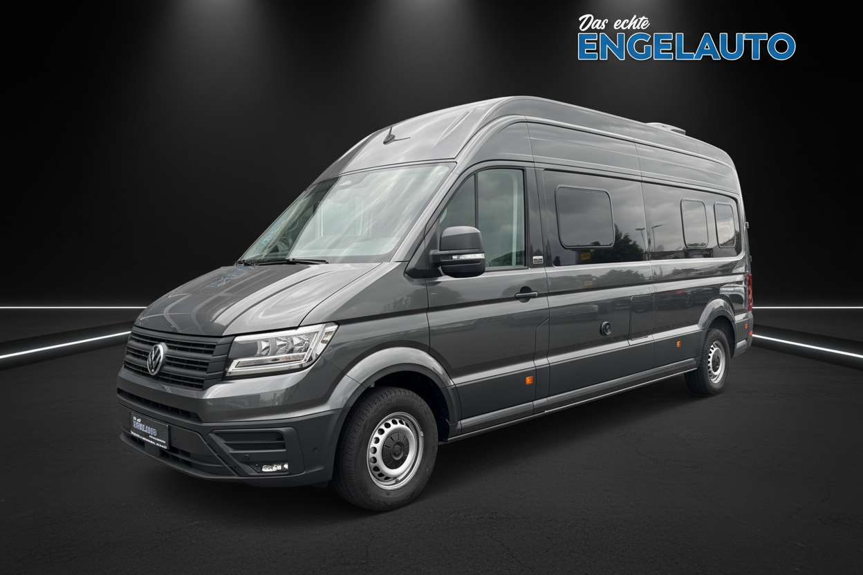 Volkswagen Crafter Transporter in Grau metallic mit Hochdach, Seitenansicht, Kastenwagen für Gewerbe und Camping bei Engelauto Autohaus