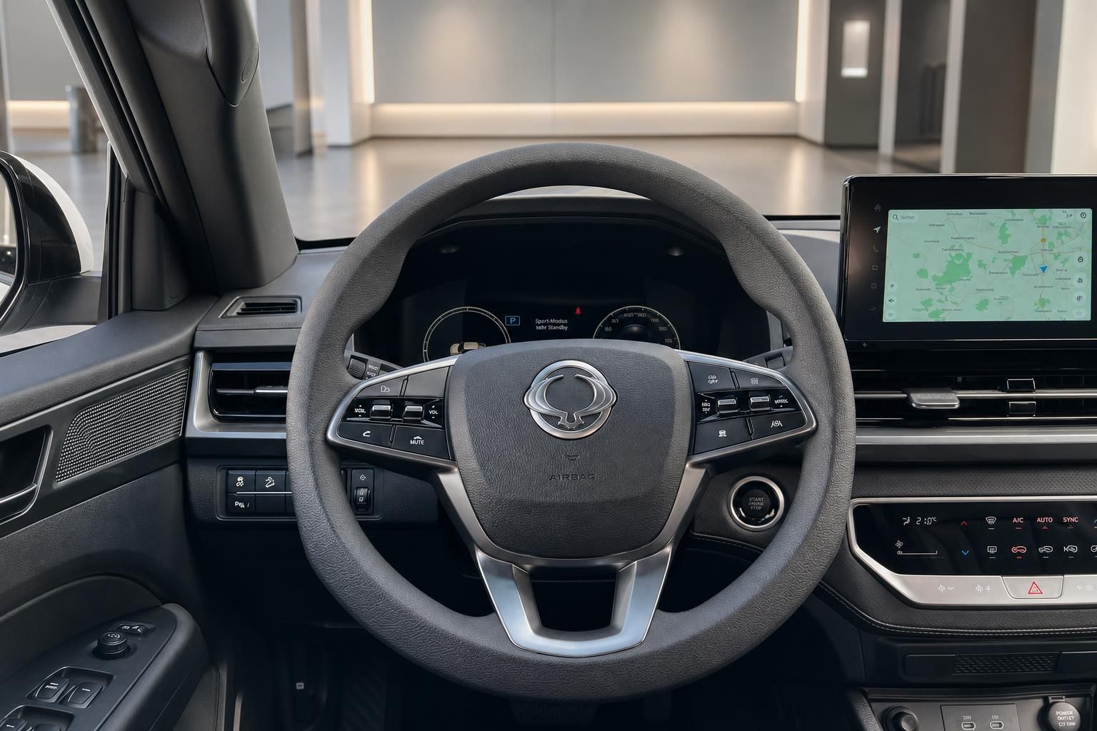 Fahrzeug Innenraum mit Lenkrad und digitalen Anzeigen - modernes Cockpit Design
