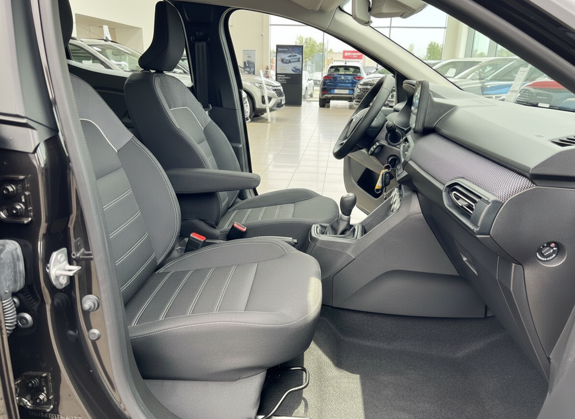 Innenraum Fahrerseite mit grauen Stoffsitzen, Schaltgetriebe und Armaturenbrett im Autohaus