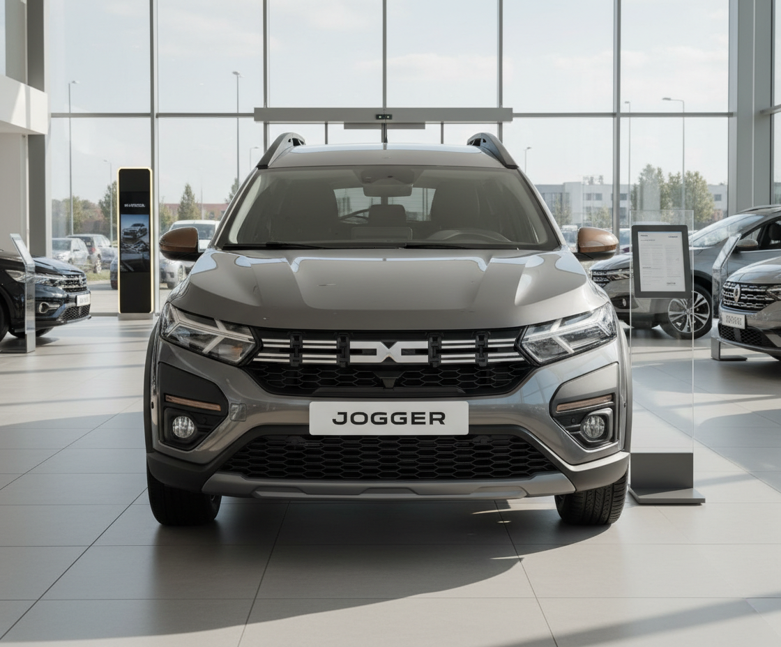 Dacia Jogger Frontansicht grau im Autohaus Showroom mit DC Logo und Nebelscheinwerfern