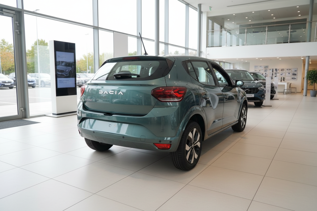 Dacia Sandero in Grün-Blau Heckansicht im Autohaus Showroom
