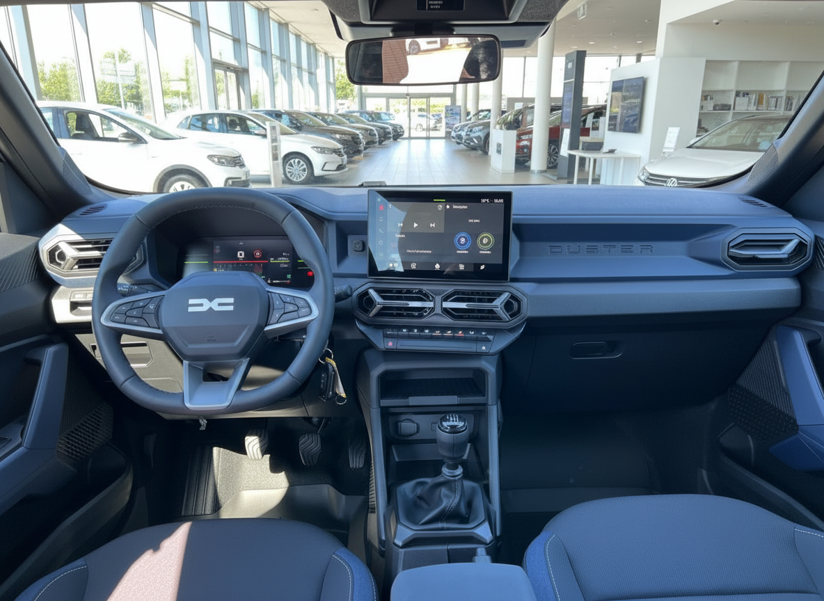 Dacia Duster Innenraum mit blauem Interieur, Lenkrad und Infotainment-Display im Autohaus