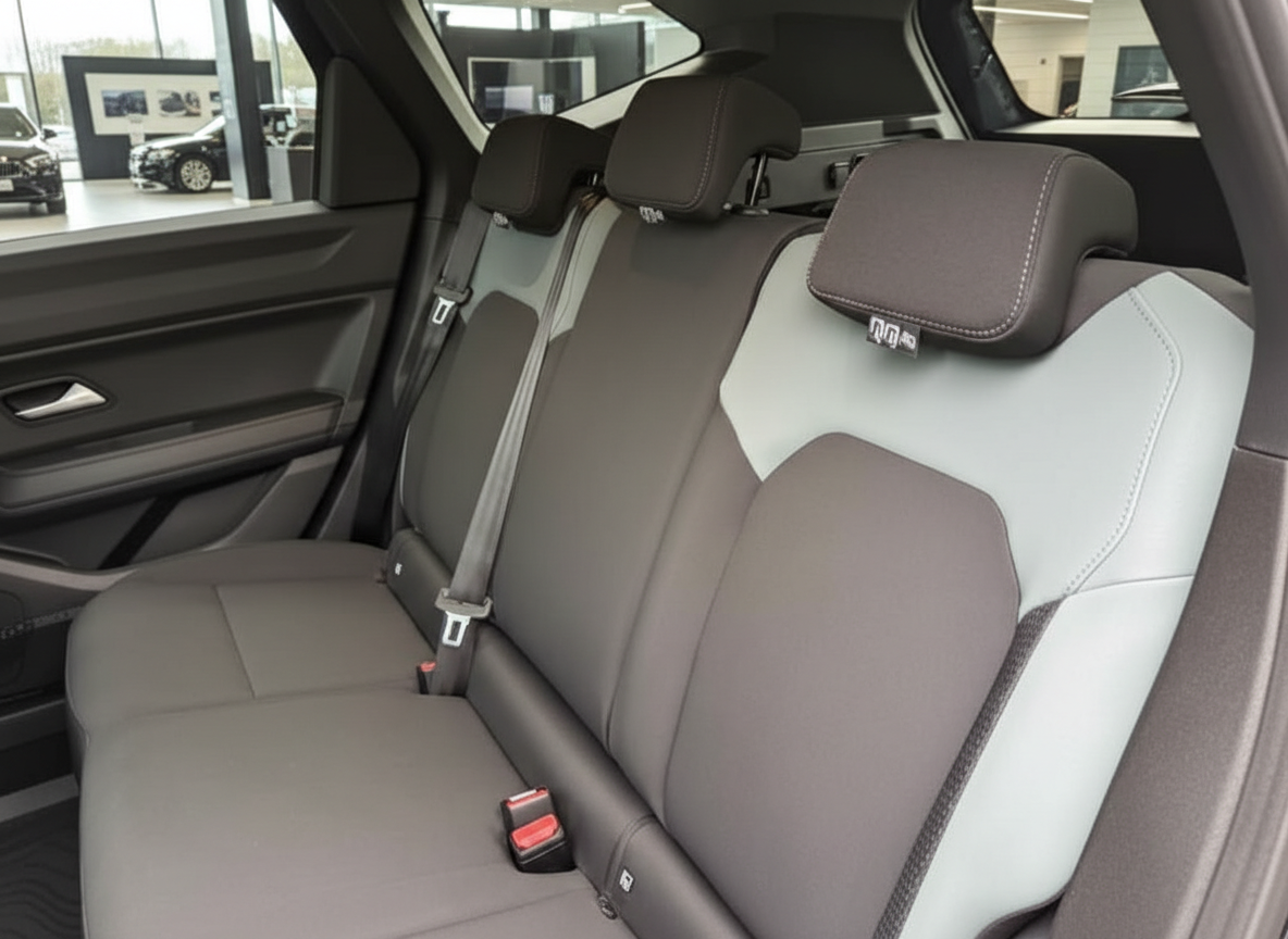 Modernes Fahrzeug Innenraum Rücksitzbank grau-braun mit Sicherheitsgurten im Autohaus