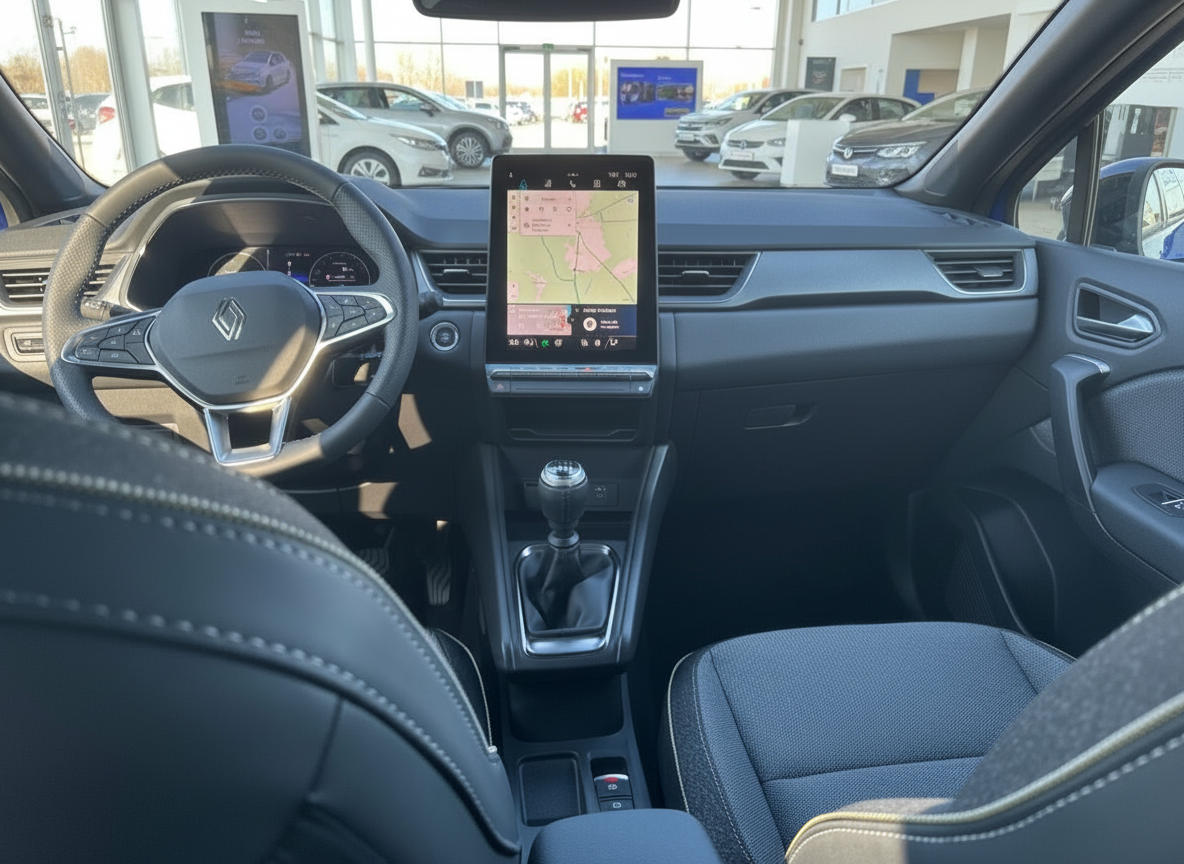 Renault Innenraum mit großem Touchscreen-Navigationssystem und Schaltgetriebe