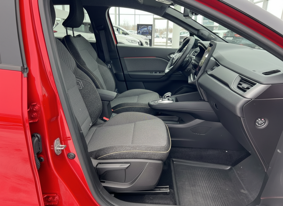 Roter Renault Innenraum – Fahrersitz und Beifahrersitz mit schwarzem Stoffbezug und modernem Cockpit