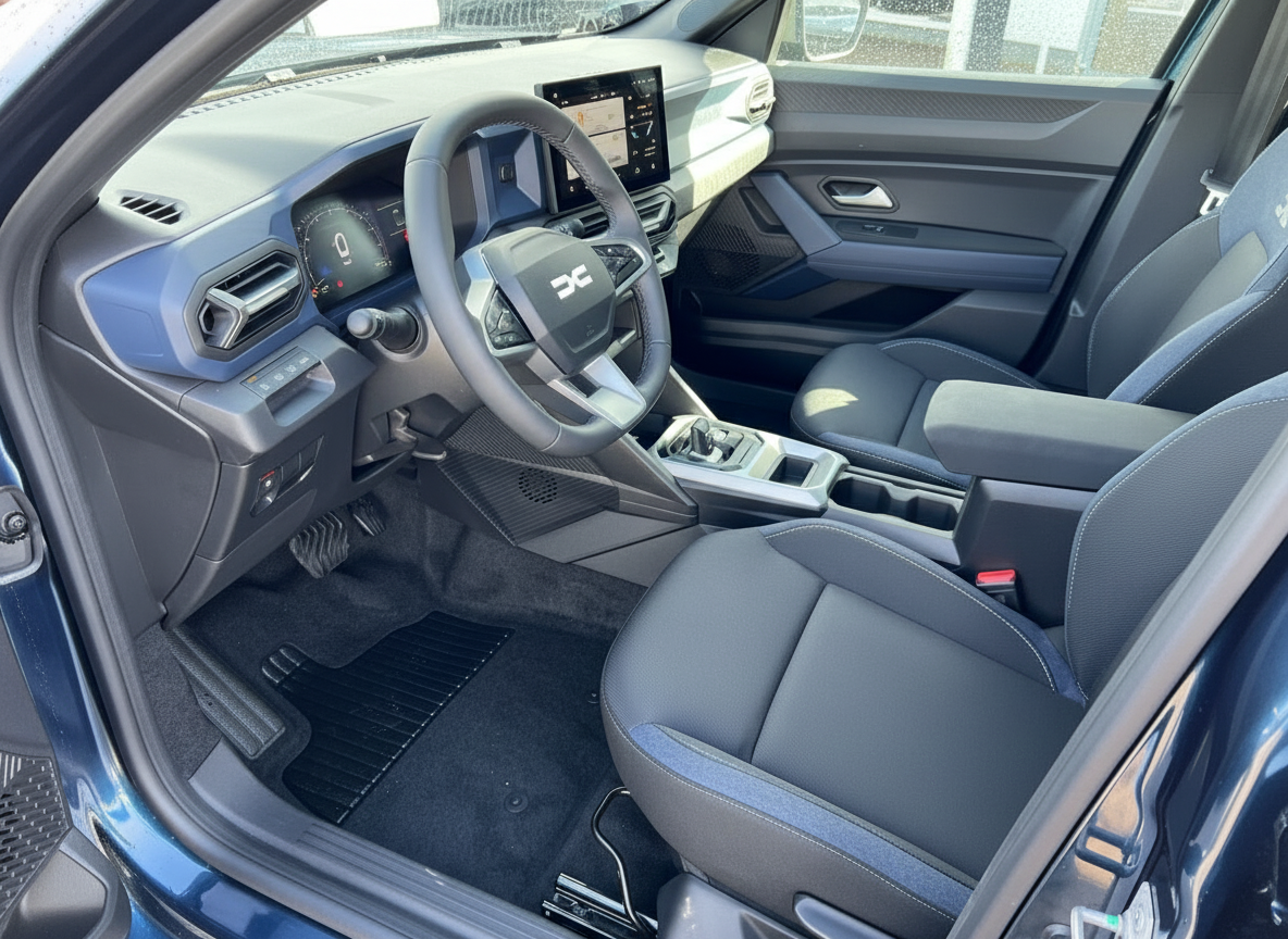 Dacia Innenraum mit digitalem Cockpit, Lenkrad und schwarzen Stoffsitzen – modernes SUV Interieur