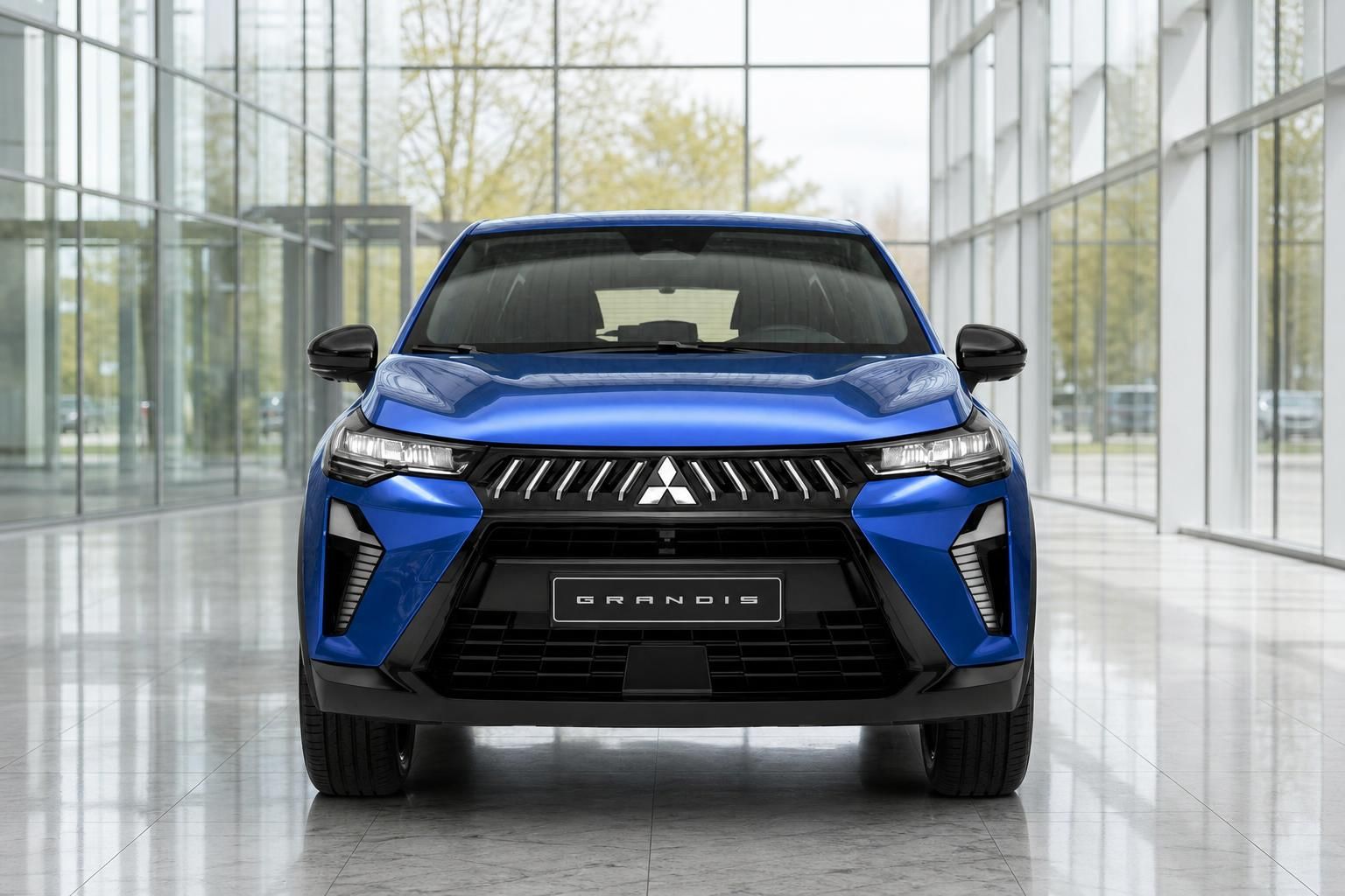 Mitsubishi Grandis blau Frontansicht in modernem Showroom