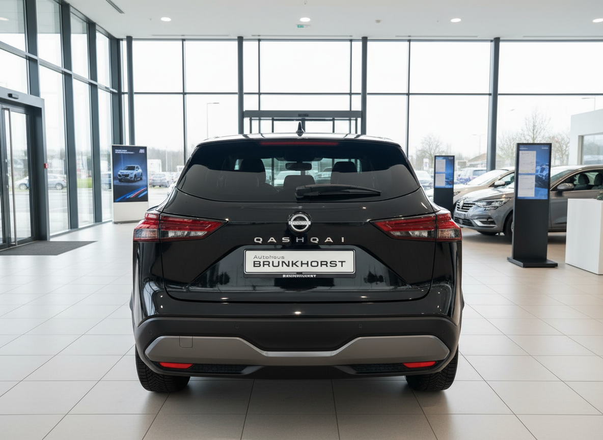 Schwarzer Nissan Qashqai Heckansicht im Autohaus Brunkhorst Showroom