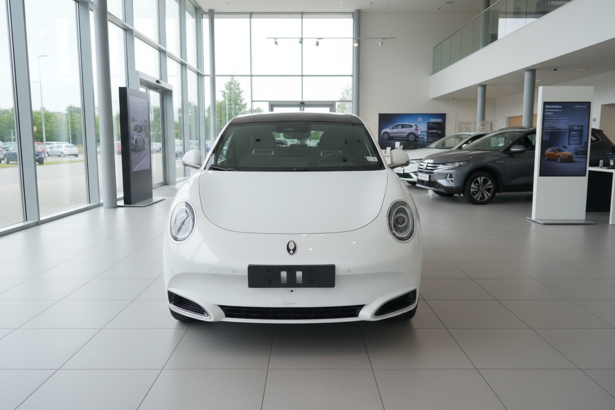 Weißer ORA Funky Cat Elektroauto Frontansicht im Autohaus Showroom
