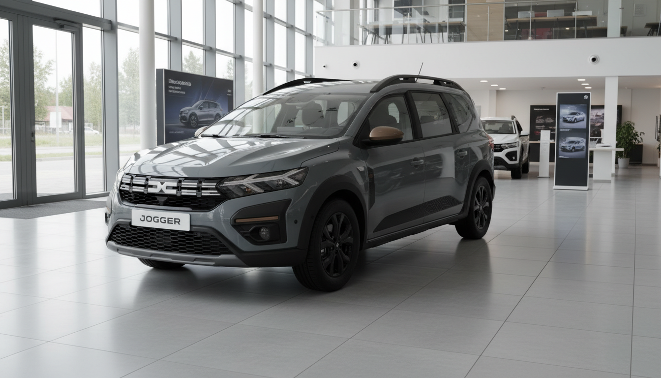 Grauer Dacia Jogger Neuwagen im Autohaus Showroom mit schwarzen Felgen