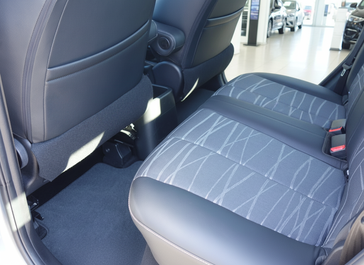 Fahrzeug Innenraum Rücksitzbank mit grauem Stoffmuster und schwarzem Kunstleder im Autohaus
