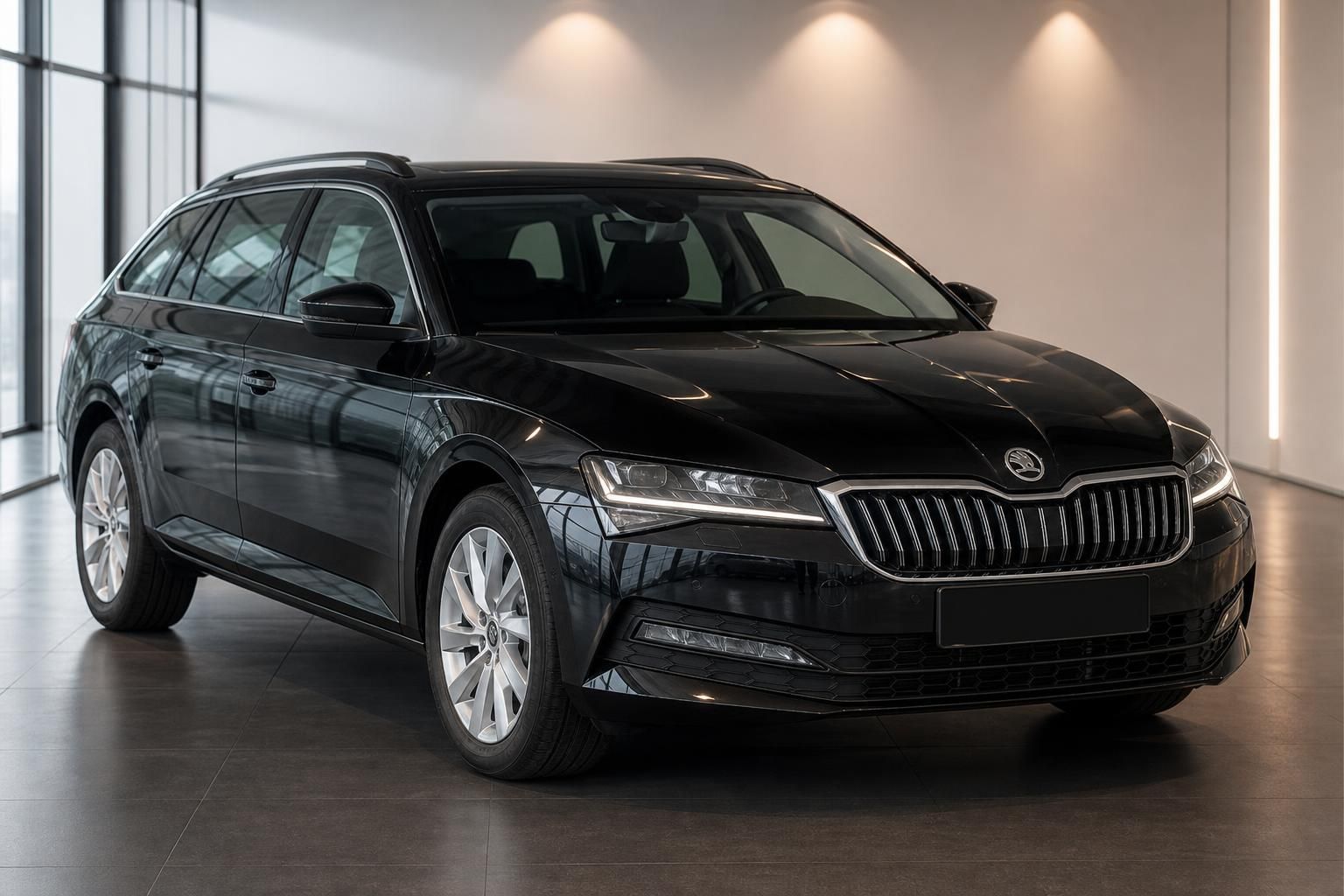 Skoda Kombi schwarz Seitenansicht drei Viertel in elegantem Showroom