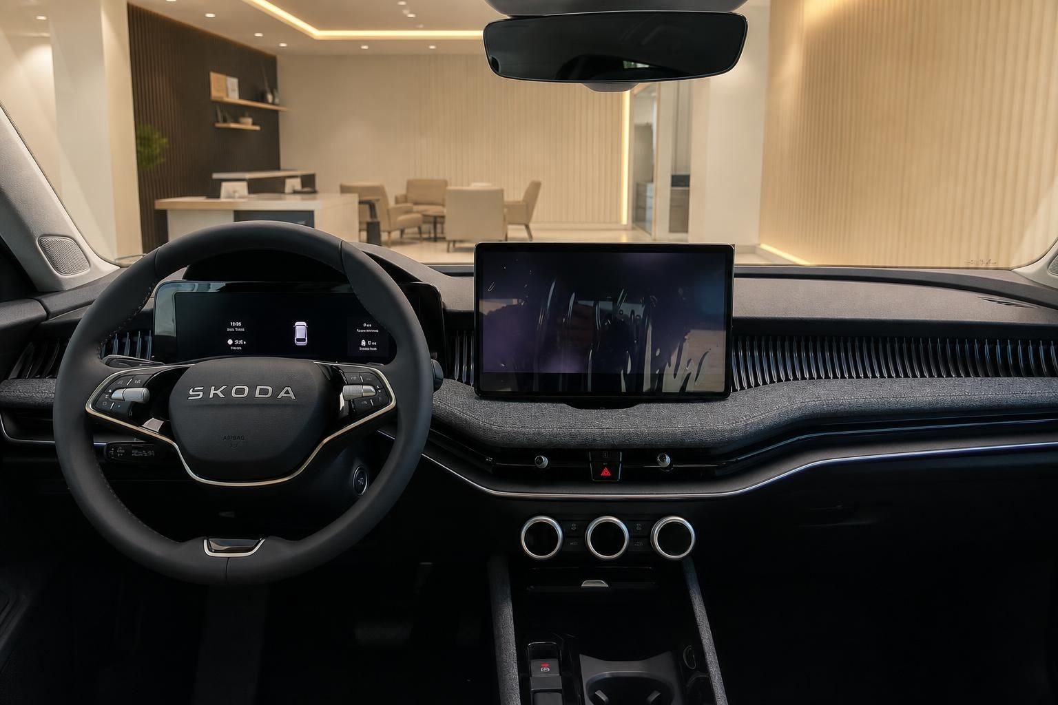 Skoda Innenraum Cockpit mit digitalem Display und modernem Lenkrad Showroom-Ambiente