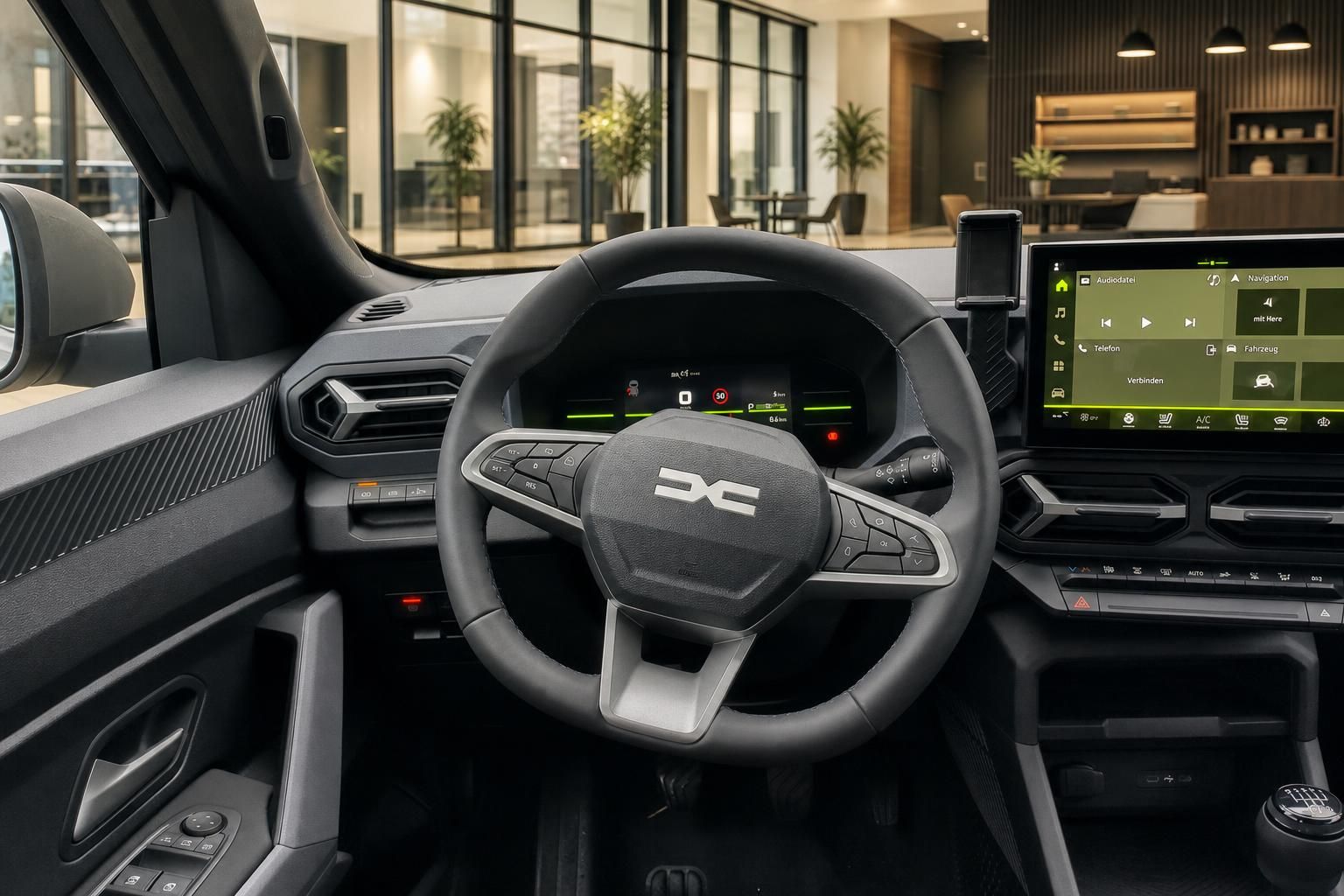 Fahrzeug Cockpit mit Lenkrad, digitalem Display und Infotainment-System - Fahrerplatz