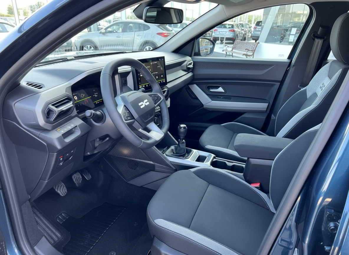 Dacia Innenraum mit Lenkrad, Digitalcockpit, Schaltgetriebe und schwarzen Stoffsitzen