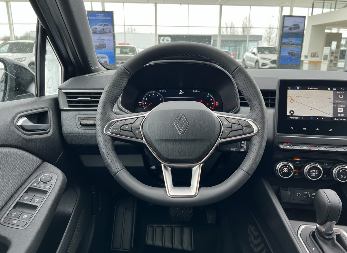Renault Innenraum mit Lenkrad, Digitaltacho und Touchscreen-Navigation