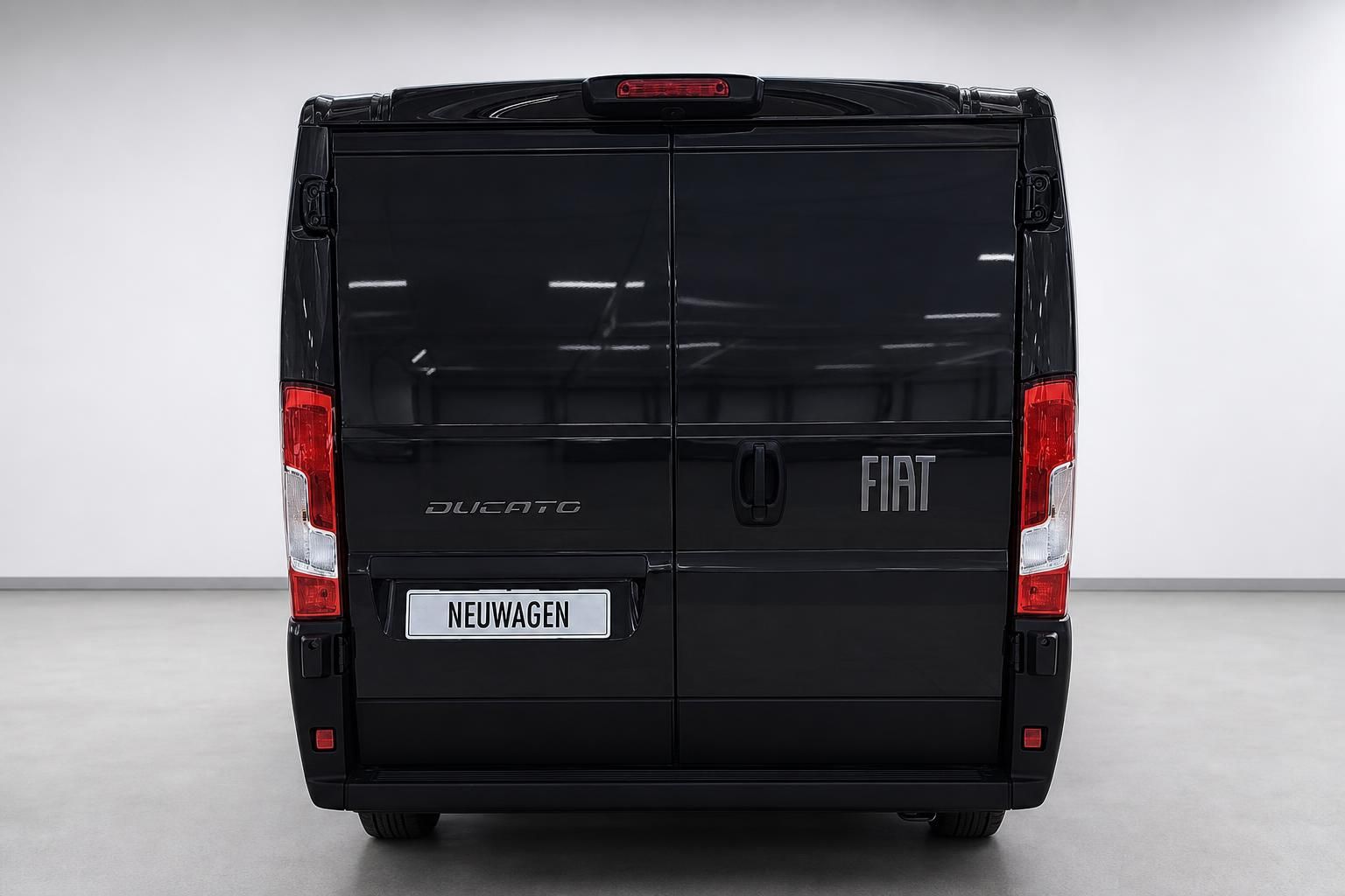 Fiat Ducato schwarz Kastenwagen Heckansicht mit geschlossenen Tueren