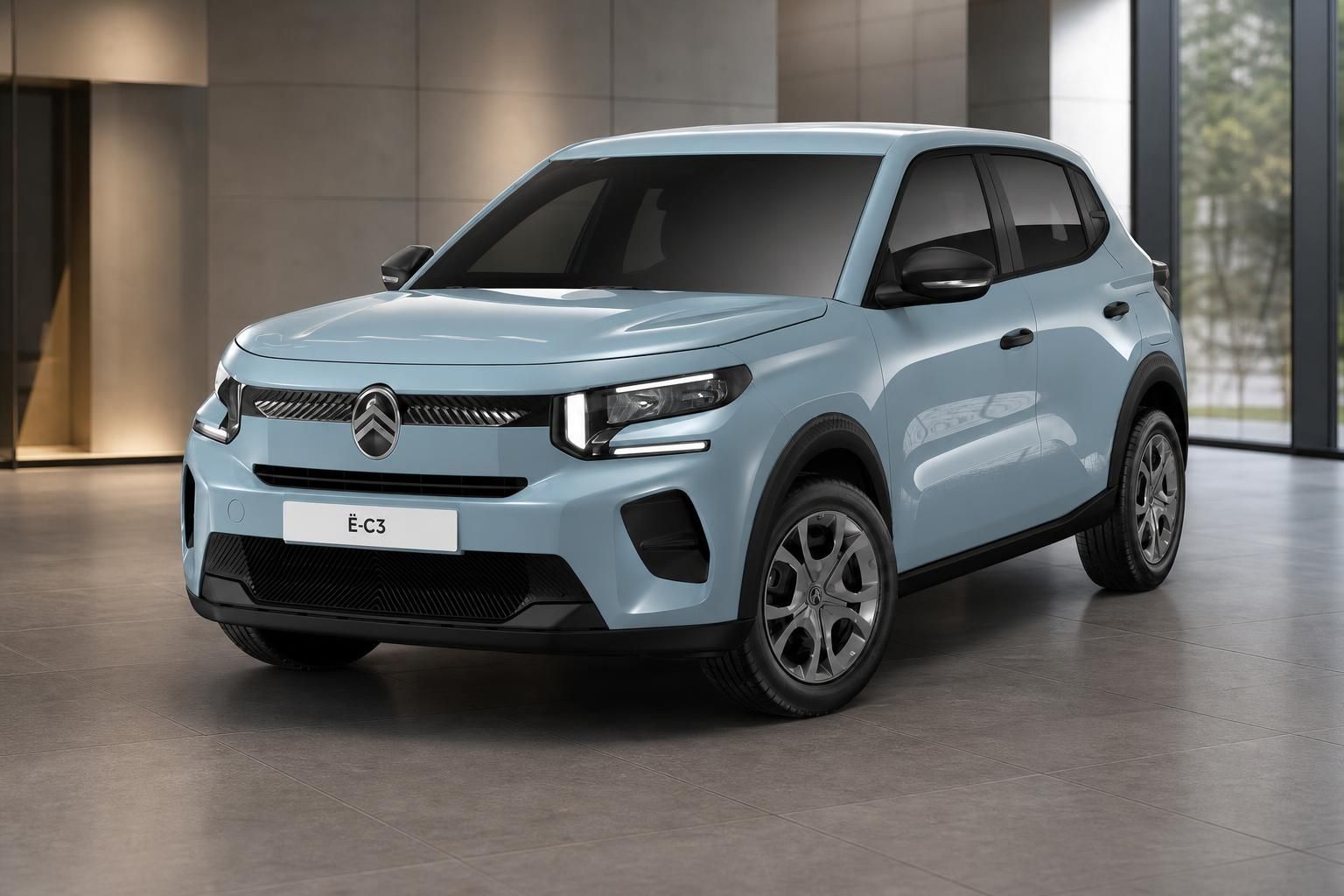 Citroën ë-C3 in Hellblau, Frontansicht im modernen Showroom
