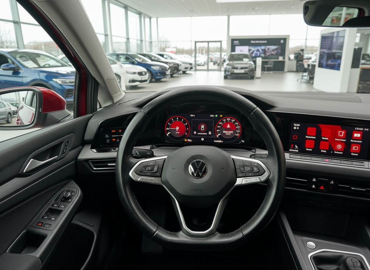Volkswagen Golf Innenraum mit digitalem Cockpit und Touchscreen im VW-Autohaus
