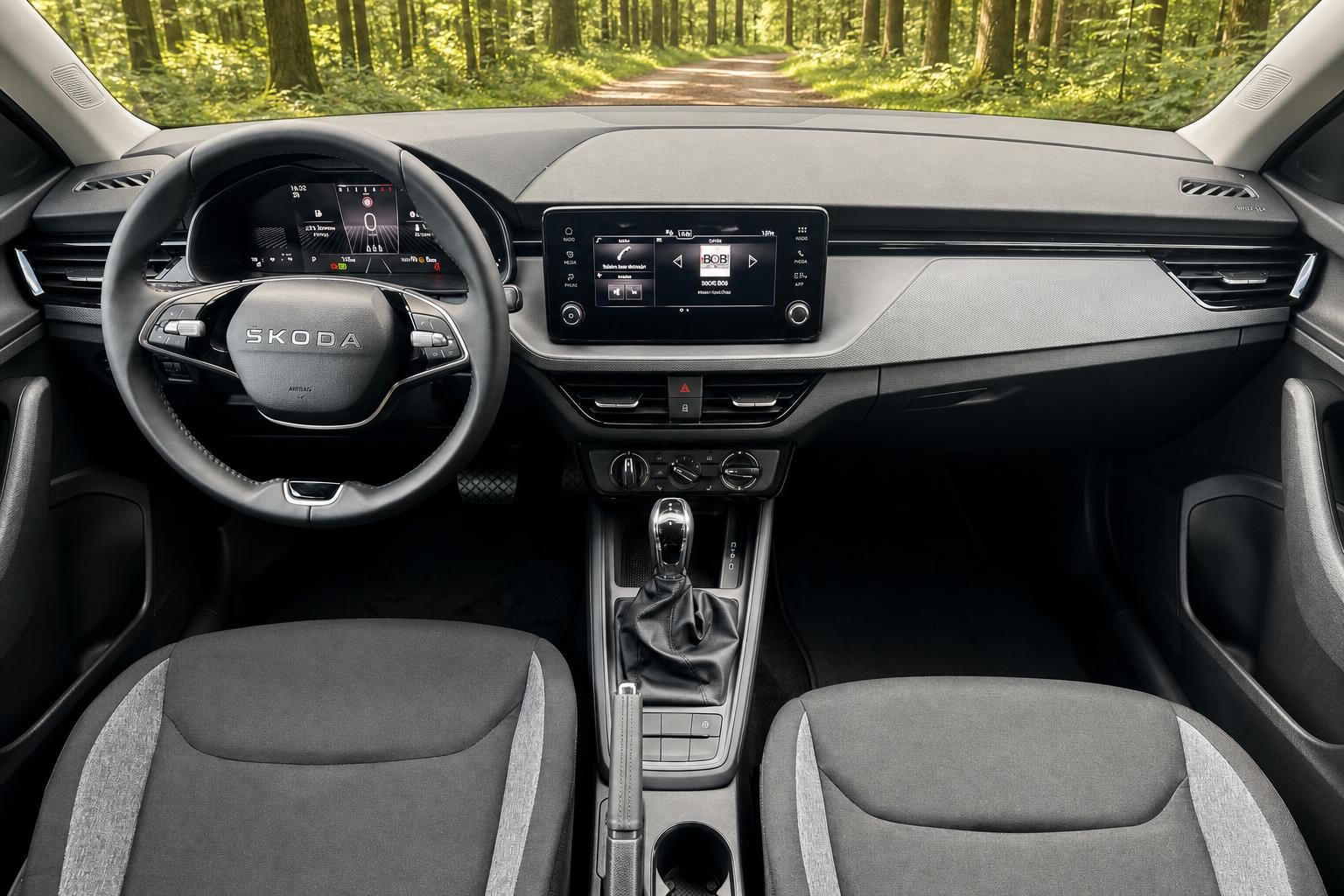 Skoda Kamiq Cockpit und Armaturenbrett - Lenkrad, Touchscreen und Mittelkonsole Innenansicht