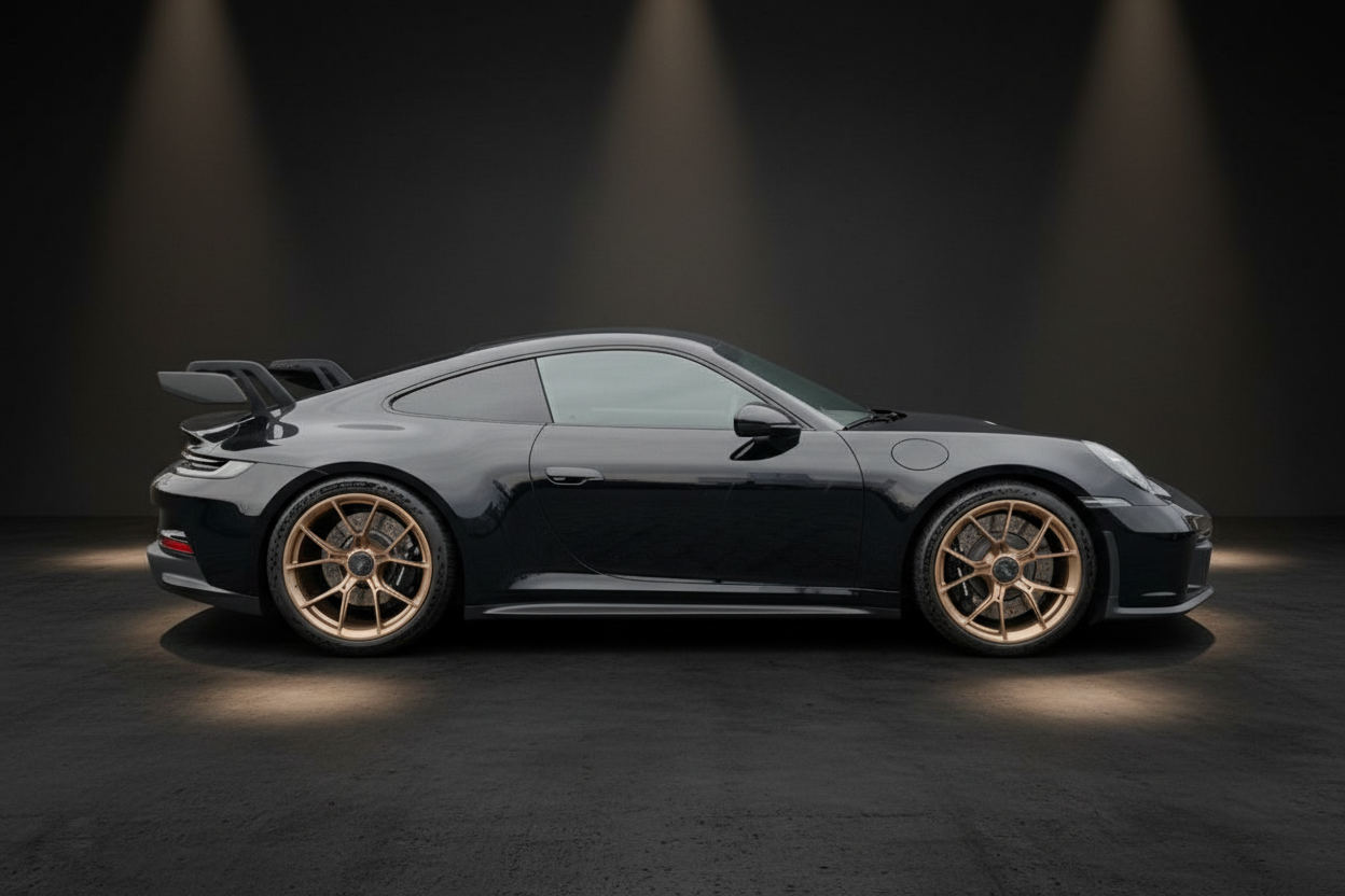 Schwarzer Porsche 911 GT3 mit goldenen Felgen in Fotostudio – Seitenansicht