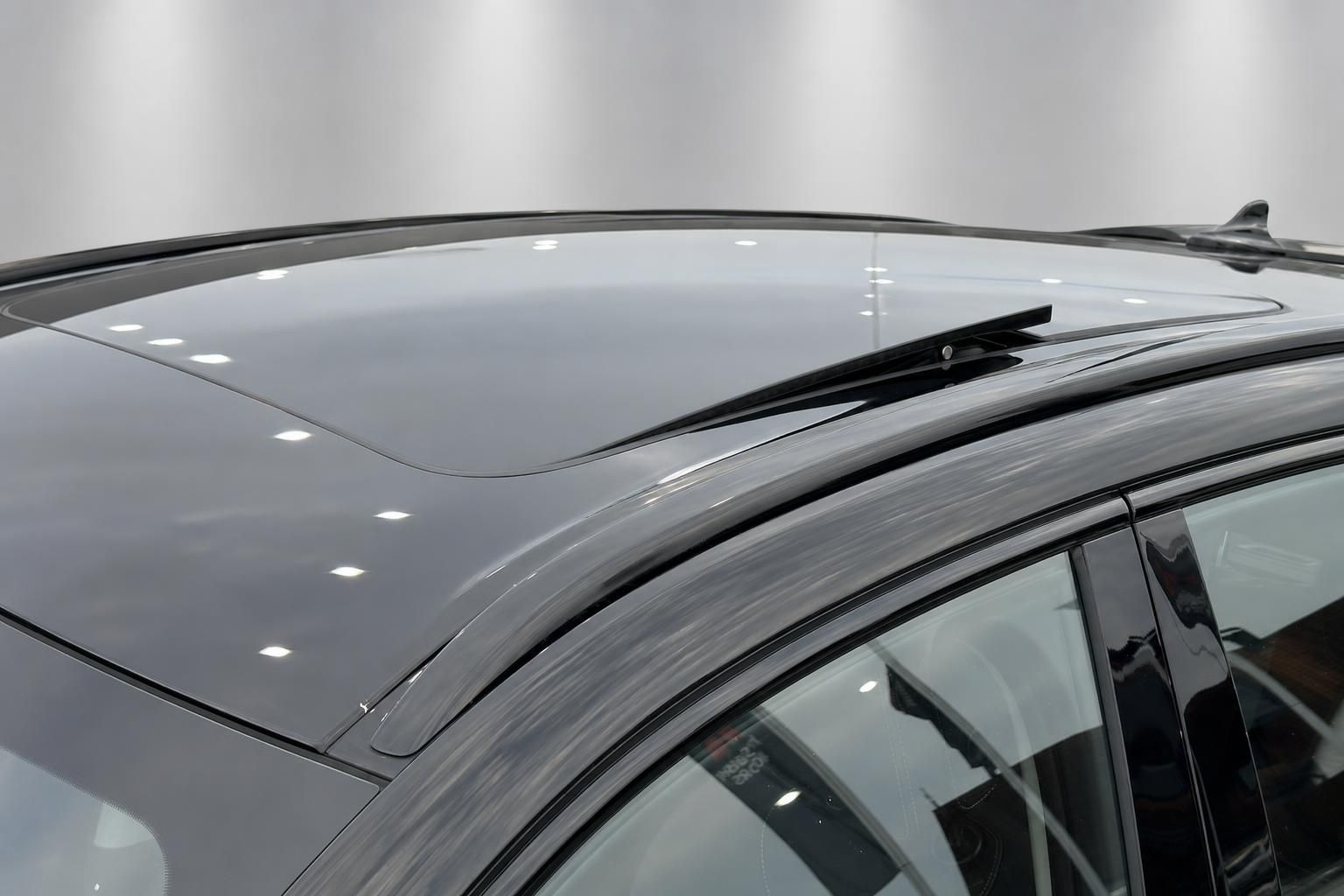 SUV Dachpartie in Grau mit Panoramadach, Dachreling und Haifischflossenantenne in Detailaufnahme