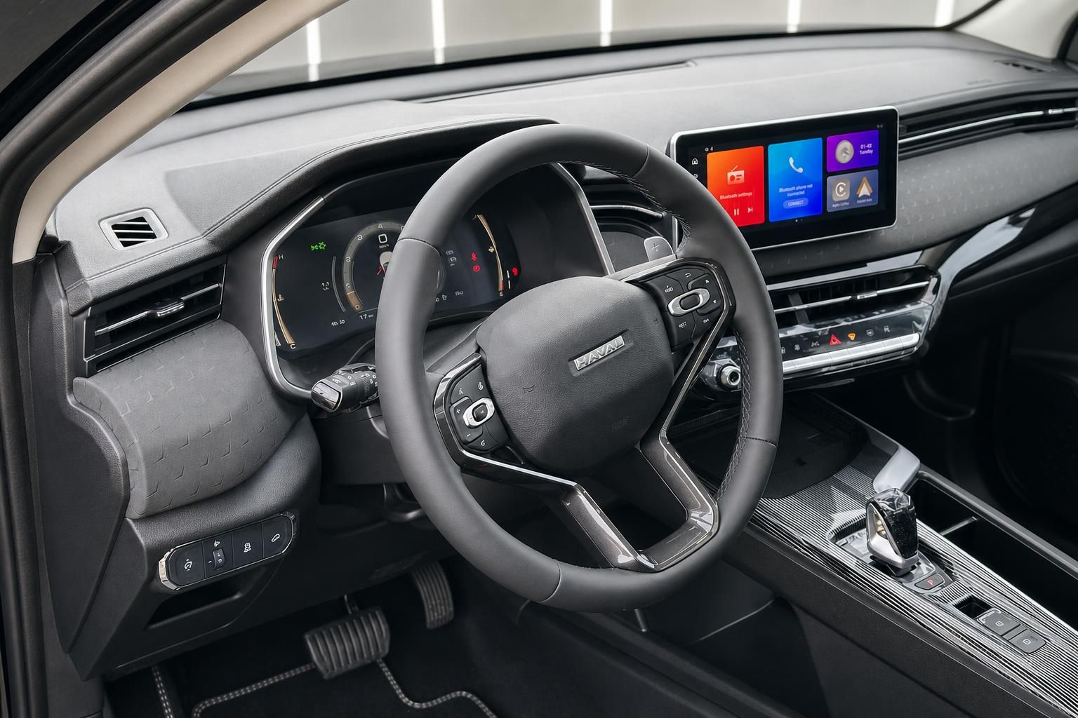 Haval SUV Innenraum mit Lenkrad, digitalem Kombiinstrument und großem Infotainment-Touchscreen