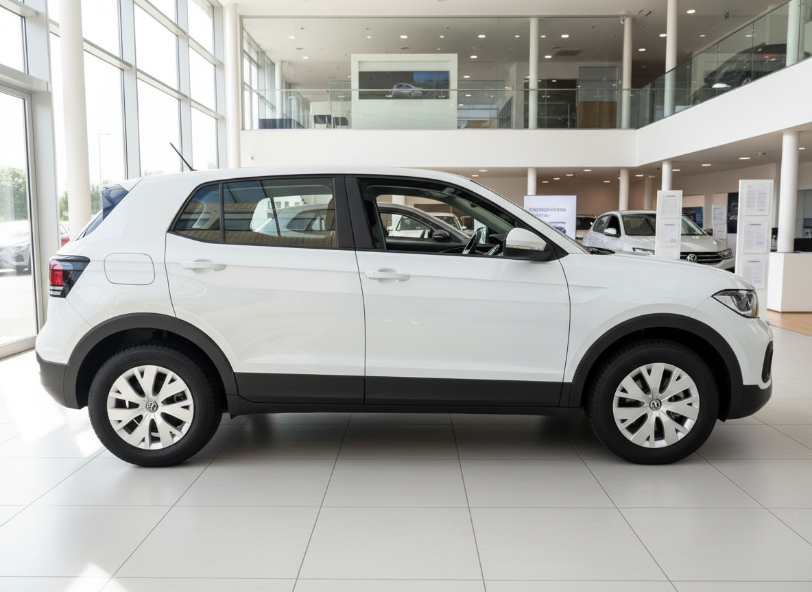 Weißer Volkswagen T-Cross SUV Seitenansicht im Autohaus Showroom