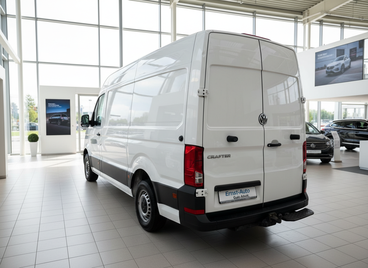 Volkswagen Crafter Kastenwagen weiß Hochdach Heckansicht im Autohaus Ernst-Auto