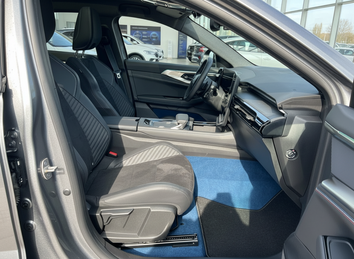 BMW Innenraum mit schwarzen Sportsitzen, blauem Fußmatten und modernem Cockpit mit Curved Display