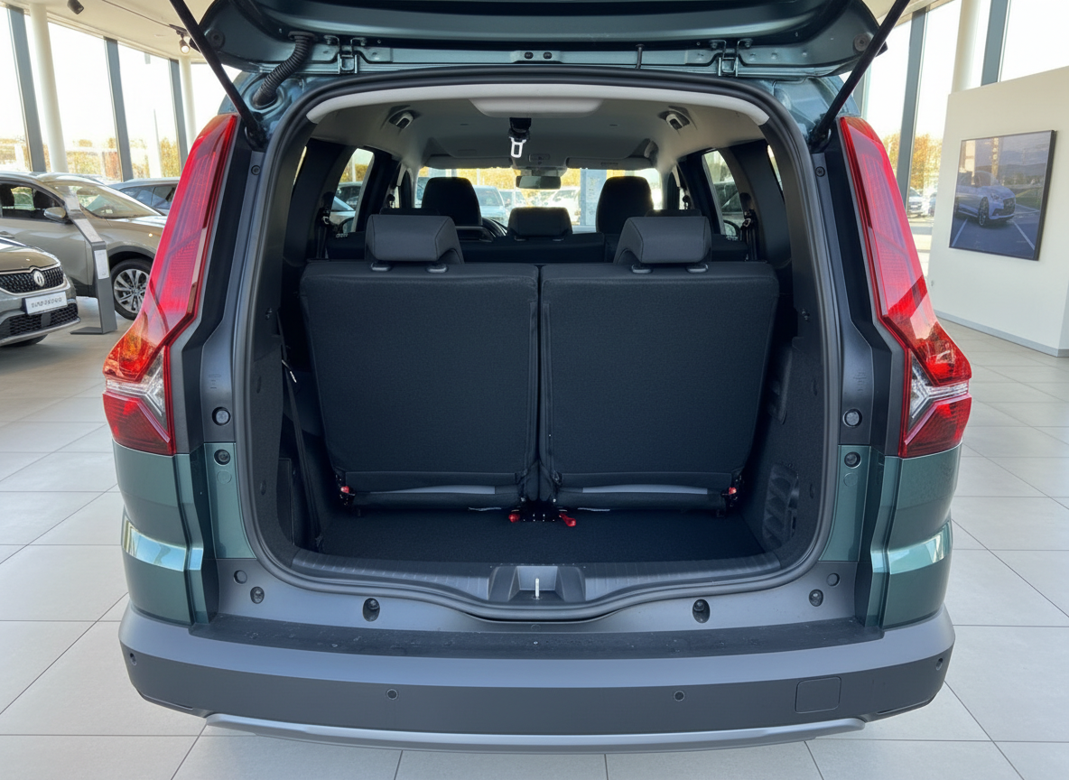 Dacia Jogger Kofferraum offen mit umklappbarer dritter Sitzreihe im Autohaus