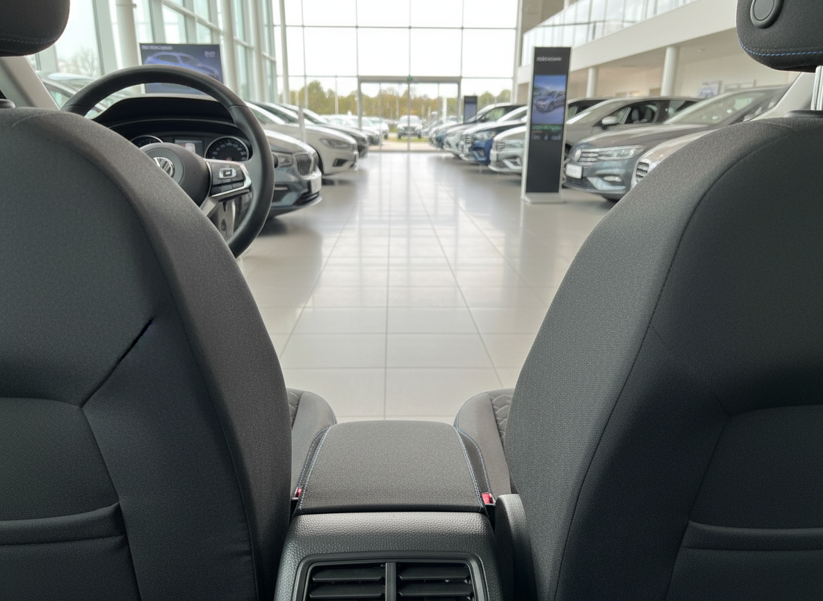 VW Innenraum Rücksitzperspektive mit Blick auf Cockpit im Autohaus-Showroom