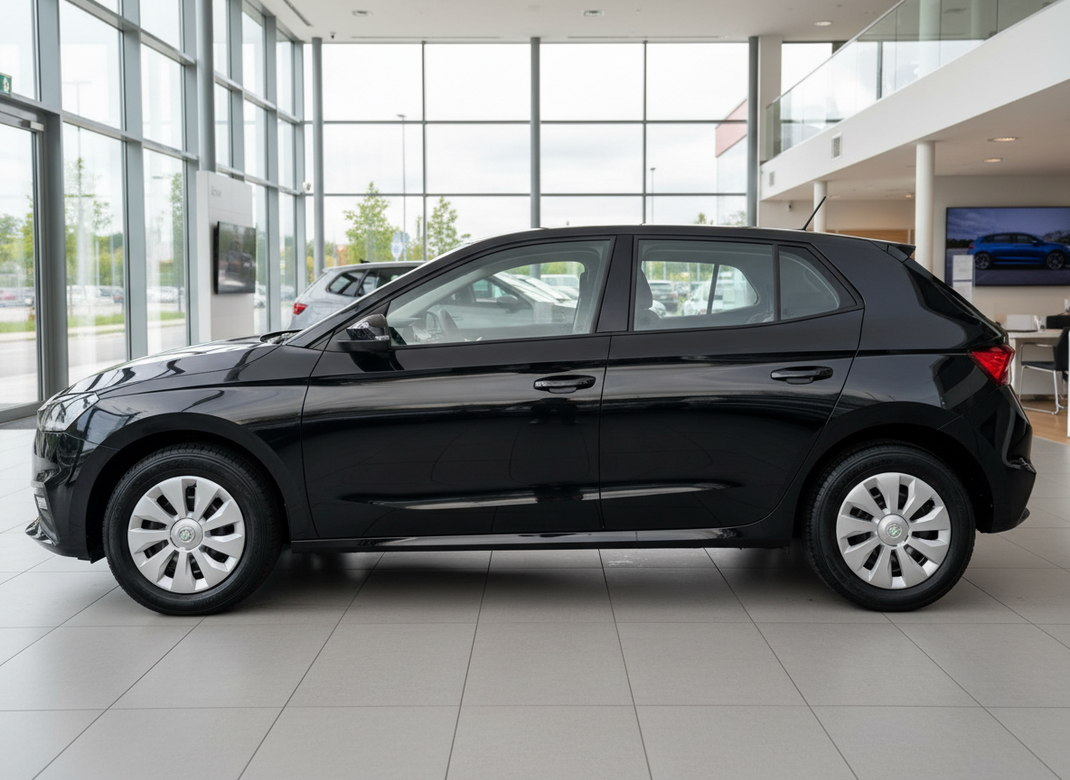 Schwarzer Škoda Fabia Fünftürer in der Seitenansicht im Autohaus-Showroom