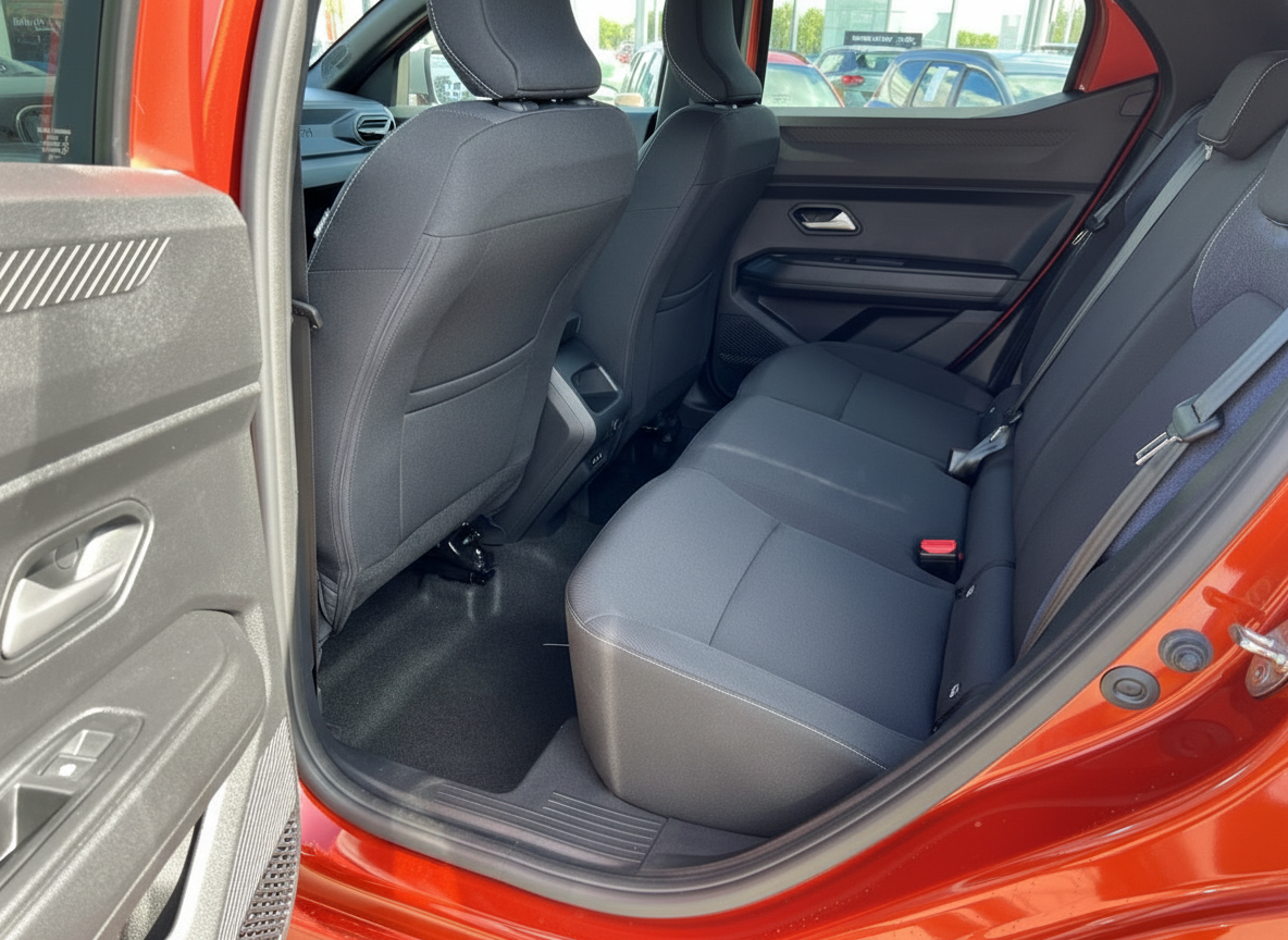 Rücksitzbank und Innenraum eines roten Kompakt-SUV mit schwarzen Stoffsitzen und Sicherheitsgurten