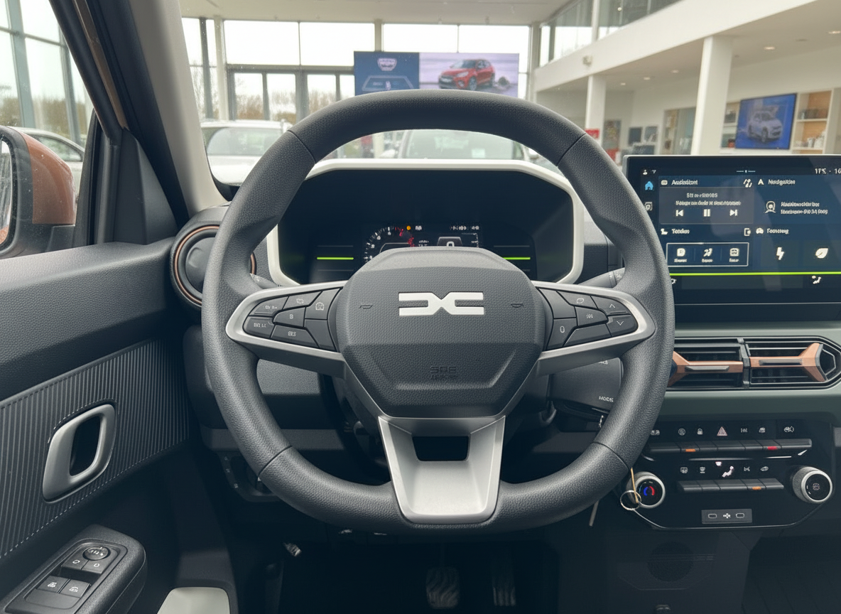 Dacia Innenraum mit Lenkrad, digitalem Cockpit und Infotainment-Touchscreen im Autohaus