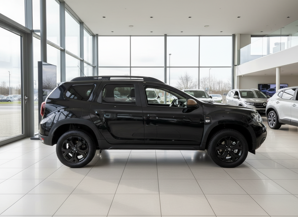Schwarzer Dacia Duster SUV in Autohaus Showroom, Seitenansicht