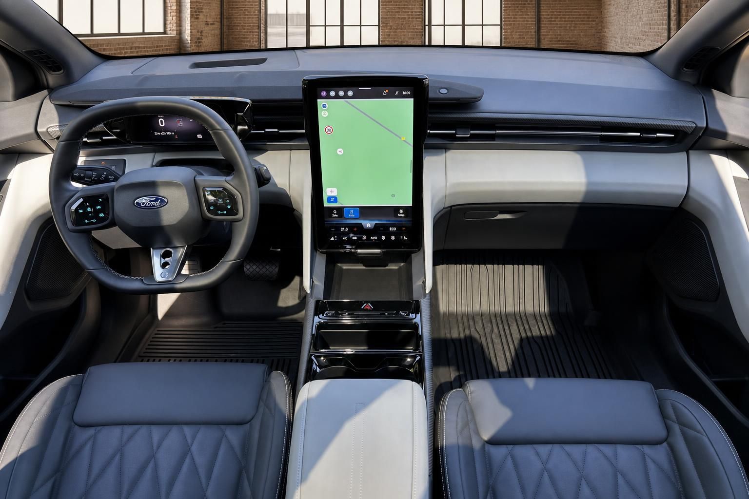 Ford Cockpit mit Lenkrad, Digitaltacho und großem Touchscreen Navigationssystem