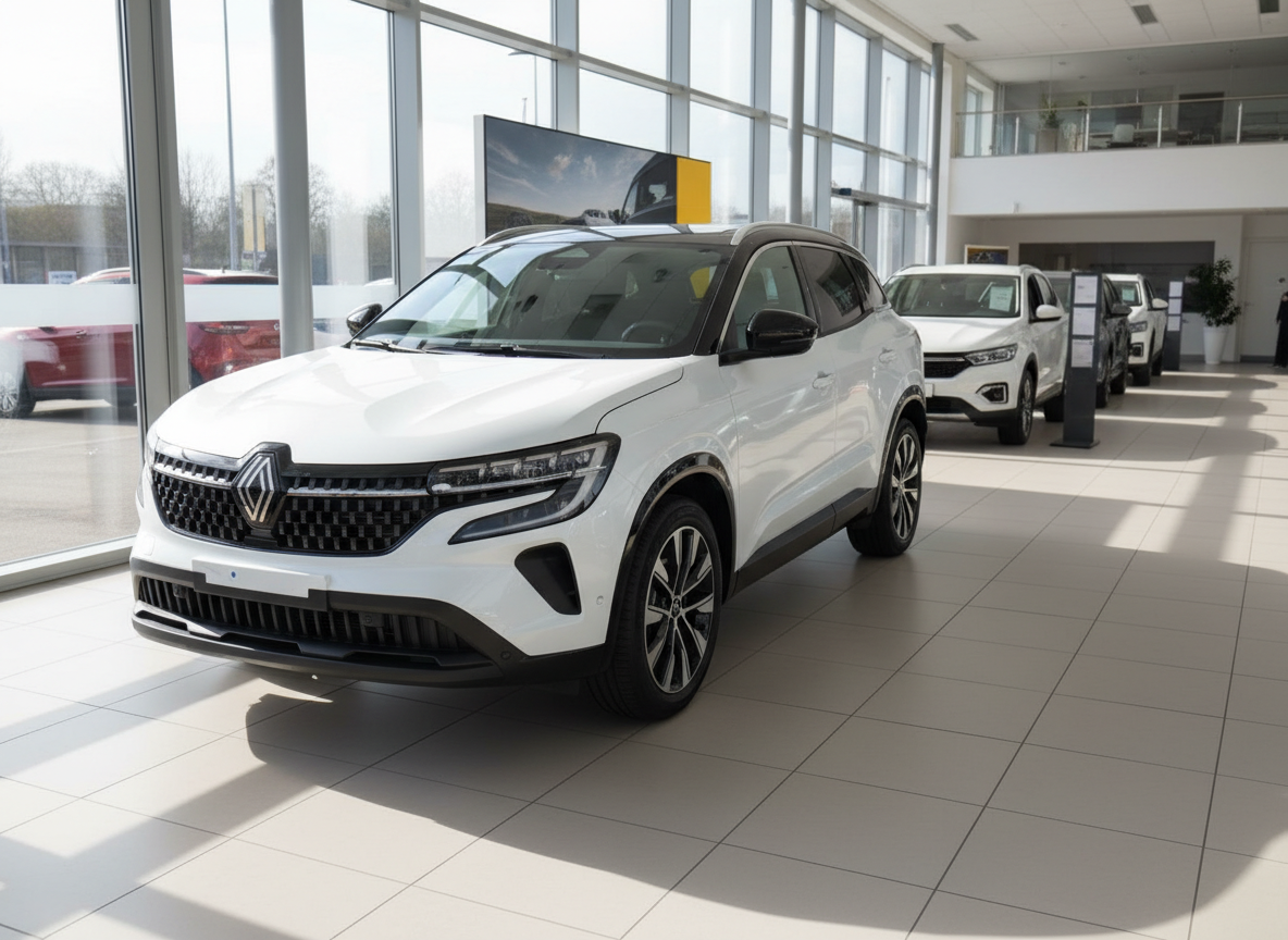 Weißer Renault Austral SUV im Autohaus Showroom, Frontansicht